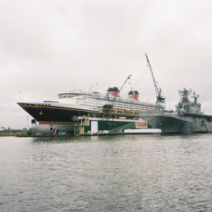 Disney Wonder on drydock, USS Nassau at the pier