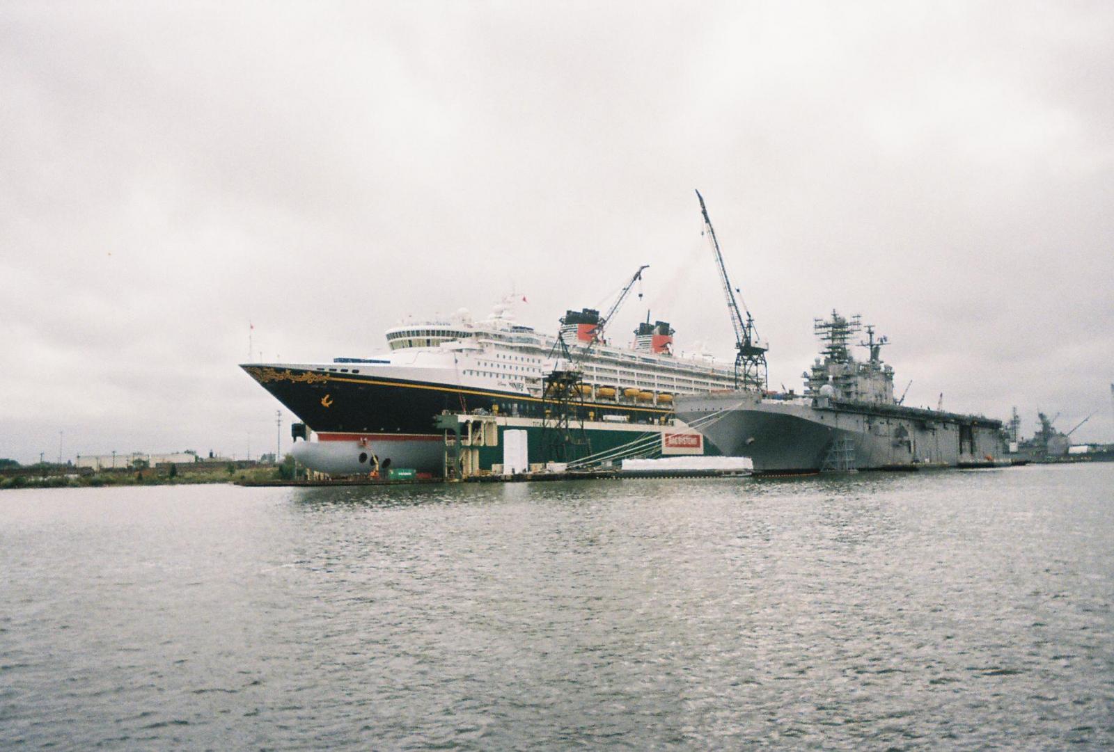 Disney Wonder on drydock, USS Nassau at the pier