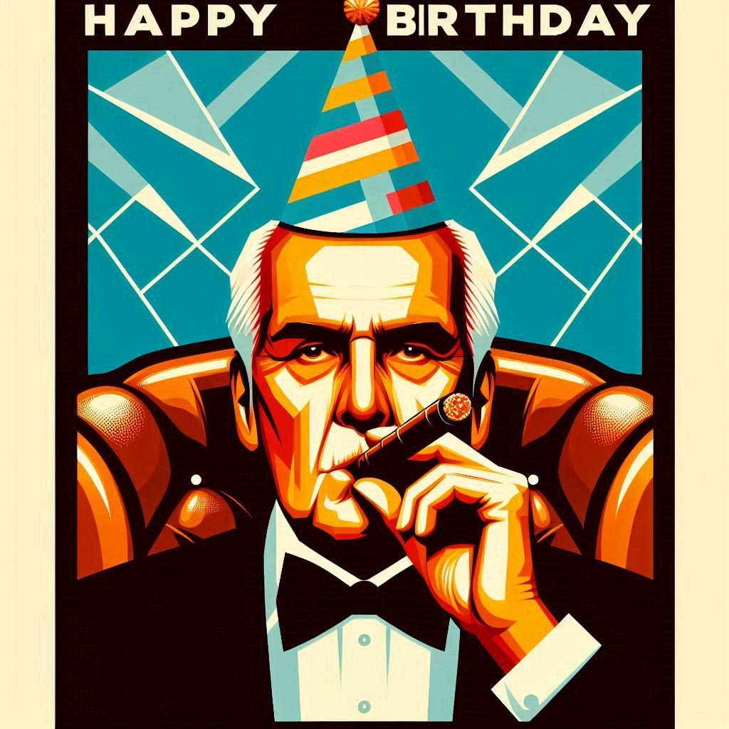 Portrait of a old man smoking a cigar in a birthday hat in a retro poster style. The man shou...jpeg