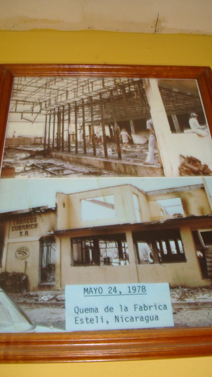This picture hangs on the wall of the factory.  IN 1978, during the war that overthrew Somosa from power, the Sandanistas burned the Padron factory and their home down to the ground.